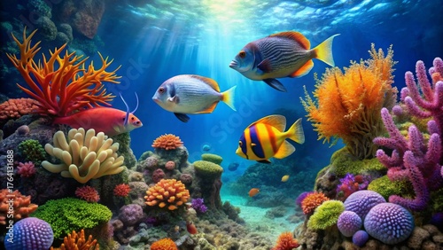 Vibrant Underwater Scene Featuring Colorful Fish and Coral Reefs in a Serene Aquatic Environment