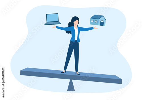 Woman keeping balance between career and family. Work life balance concept. Choice, comparison of business, job and mother housewife