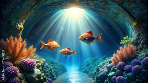 Enchanted Underwater Grotto Three Golden Fish Swim Through Sunlit Coral Reef Passage