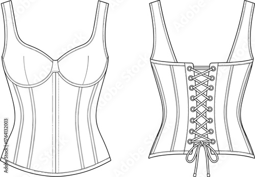Corset top sketch, fashion illustration, technical garment drawing, front and back view, lace-up detail, structured silhouette, apparel design template