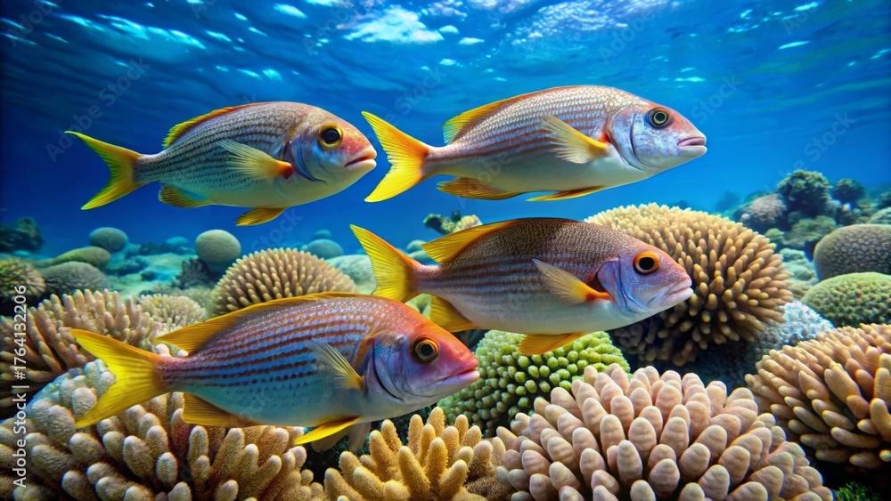 Naklejka premium Striped Reef Fish Schooling Amongst Vibrant Coral in a Sunlit Ocean