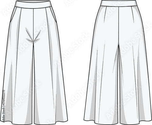 Wide-leg pants fashion sketch, technical garment illustration, pleated trousers front view, high waist design, apparel template, clothing flat drawing