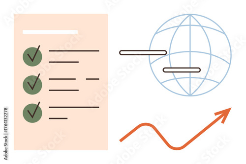 Checklist with green checkmarks, global globe illustration with lines, and upward growth arrow. Ideal for productivity, planning, global reach, efficiency, progress, success simple flat metaphor