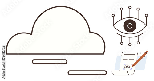 Cloud with digital processing lines, stylized eye for data security, pen on document. Ideal for tech, security, analytics, cloud storage, document management, innovation simple flat metaphor