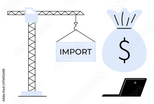 Crane lifting import container, a money bag with dollar sign, and a laptop. Ideal for trade, logistics, global commerce, finance, supply chain, business growth e-commerce simple flat metaphor