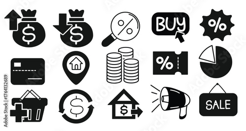 Clean and bold black vector icons showing sale offers, coins, arrows, and megaphones. Perfect for business promotion, online stores, and financial marketing materials.