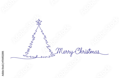 A single line drawing of a Christmas tree. Merry Christmas decoration in a continuous line. Continuous line art of a Christmas tree topped with a star.