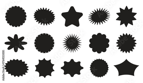 Collection of bold black vector shapes with star and burst styles. Perfect for creating custom sale labels, price tags, and promotional templates for advertising or business designs.