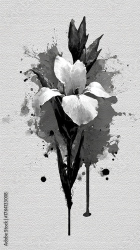 Watercolor style iris flower, with paint splatters, in black and white, representing artistic expression and grunge aesthetic with copy space.