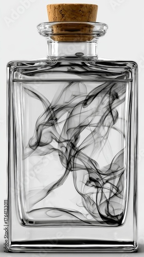 Square glass bottle with black swirling smoke, realistic digital render, representing mystery and concentrated essence