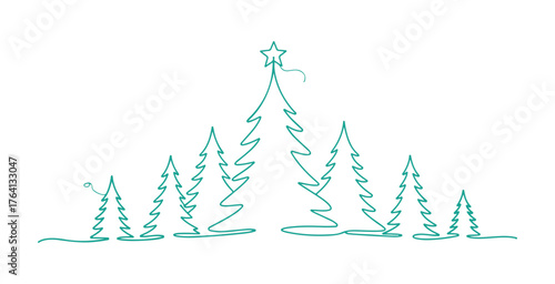 Single-line Christmas trees. Design feature. One-line drawing background. Vector art