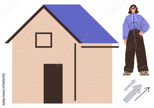 Woman in oversized hoodie and wide-leg pants next to simple house and arrows indicating growth or progress. Ideal for real estate, housing trends, investment, lifestyle, fashion influence, property