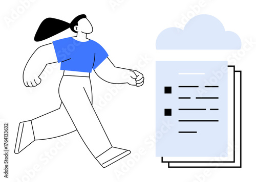 Person with flowing hair walking towards a stack of documents linked to a cloud icon. Ideal for themes of productivity, cloud storage, digital access, determination, data management, progress, simple