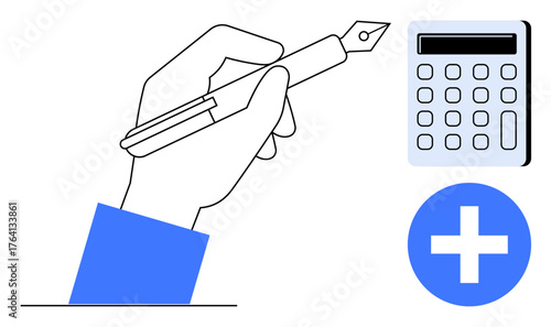 Hand holding pen with calculator and plus sign symbolizing calculation, creativity, productivity, and problem-solving. Ideal for finance, learning, organization, brainstorming, innovation analysis