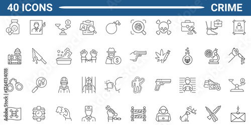 Set of 40 outline icons related to crime, criminal, illegal. Linear icon collection. Editable stroke. Vector illustration.