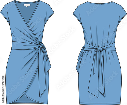 Blue wrap dress fashion sketch, technical garment illustration, front and back view, V-neck, tulip hem, sash tie, short sleeves