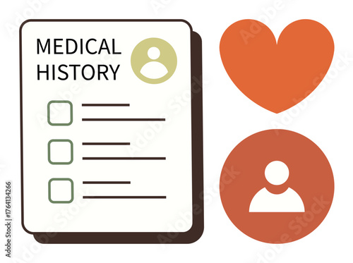 Medical history checklist with bullet points, heart symbol, and user icon. Ideal for healthcare, personal records, medical data, patient wellbeing, health apps, clinical care simple flat metaphor