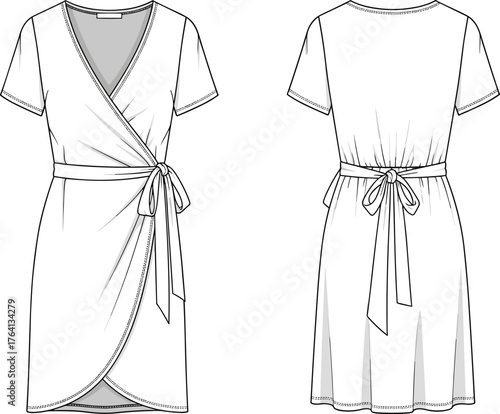 Women's wrap dress technical sketch, fashion flat, short sleeve, tulip hem, V-neckline, tie waist, front back view, apparel design