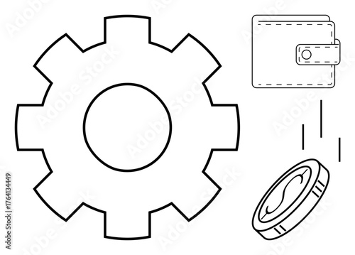 Gear, wallet, and coin with clean outlines symbolizing financial management, automation, and savings. Ideal for business, economy, fintech, technology investment innovation and productivity