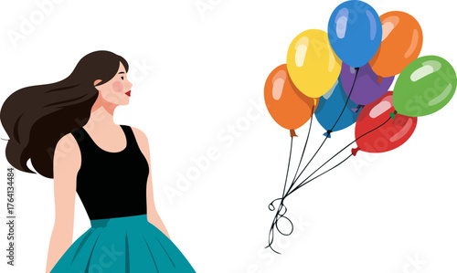 A beautiful young woman looking at colorful balloons flying in the air, joyful moment, celebration concept
