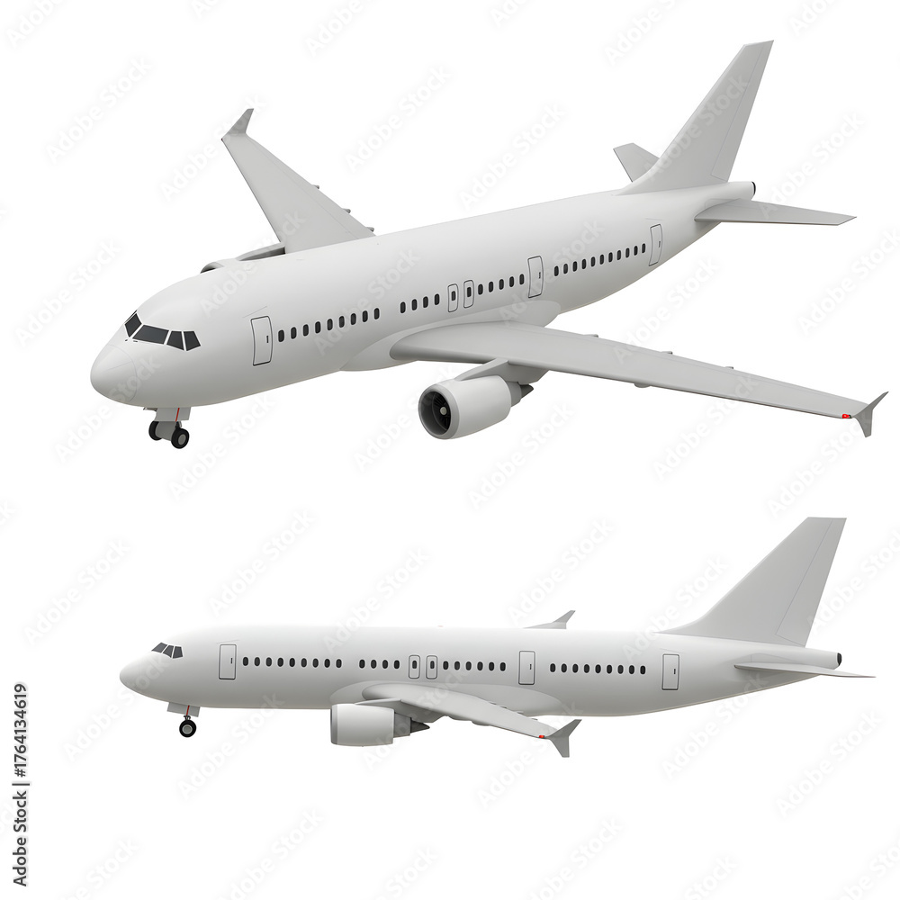 Obraz premium Two different views of a modern white passenger airplane isolated on a white background.