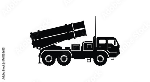 A powerful military missile launcher truck depicted as a stark black silhouette against a white background