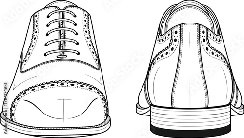 Men's dress shoe technical drawing, front and back view, brogue detailing, lace-up design, footwear sketch, fashion illustration, product template