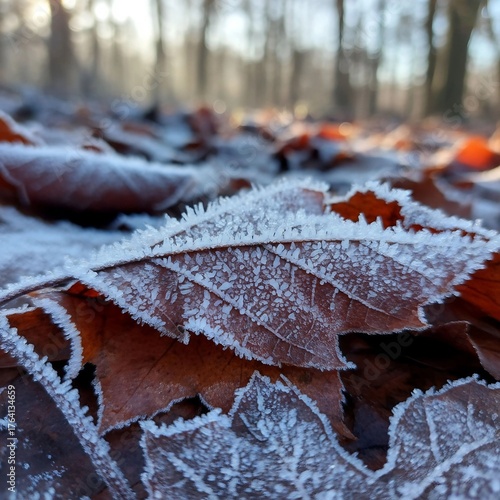 Frost-covered leaves blanketing the forest floor, capturing the serene beauty of winter's arrival