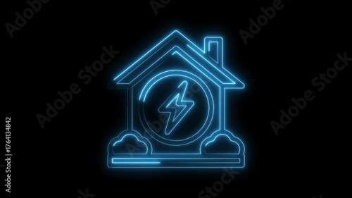 Neon style home power efficiency concept animation on black background
