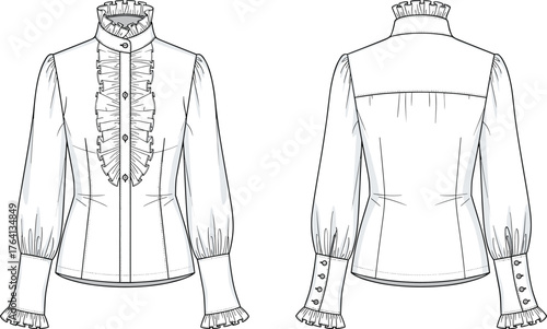 Women's blouse technical sketch, front and back view, ruffled collar, puff sleeves, button cuffs, fashion design, garment construction, romantic style