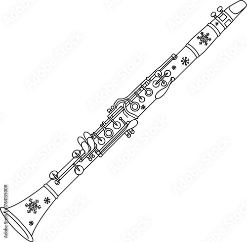 Detailed line art of a clarinet with snowflake decorations