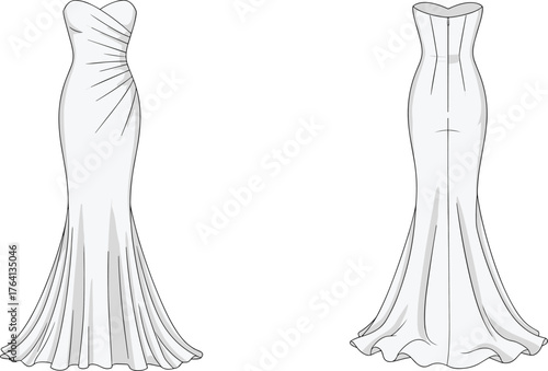 White strapless gown illustration, front and back view, sweetheart neckline, mermaid silhouette, ruched bodice, flowing skirt, bridal fashion sketch