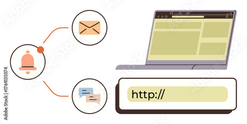 Laptop browser highlights URL bar and webpage layout with notification bell, email, and chat bubbles. Ideal for communication, technology, digital tools, teamwork, web services, alerts workflow