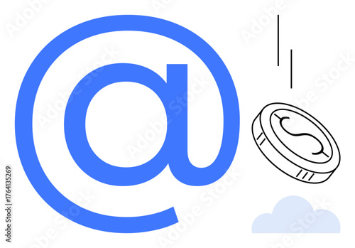 Blue at symbol with a falling coin and cloud, showcasing digital currency, online payment, technology, modern communication, finance, email, and cloud-based transactions in a simple flat metaphor