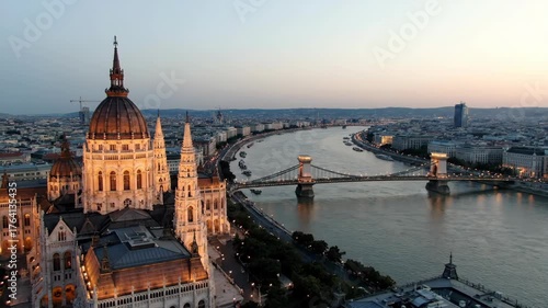 Stunning Aerial View of Budapest Parliament and Danube River at Dusk