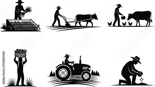 Silhouette vector illustration of farmers working in rural agriculture field with tractor, animals, crops, and harvest, traditional countryside farming lifestyle concept