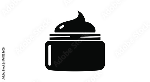 A black silhouette of a jar with a dollop of cream or cosmetic product on top against a white background
