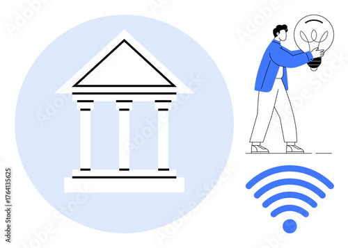 Person walking with a glowing light bulb beside a classical building and wireless signal. Ideal for innovation, progress, technology adoption, modernization, connectivity, smart solutions
