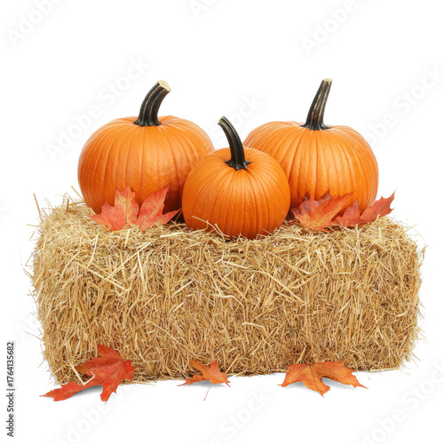 Three pumpkins and leaves on a hay bale with a white background.
