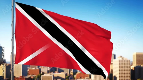 Trinidad and Tobago National Flag Flying Against City Skyline