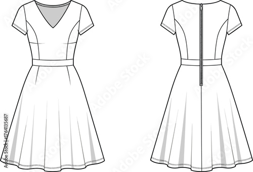 Technical fashion sketch, dress illustration front and back, V-neckline, round back, short sleeves, flared skirt, zipper closure, garment blueprint