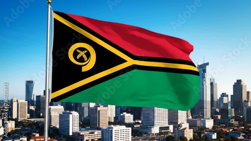 Vibrant Flag Against City Skyline Under Blue Sky and Bright Sunlight