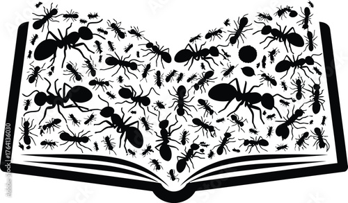 Ant Infestation Spilling from an Open Book Black and White Illustration Concept for Nature and Education