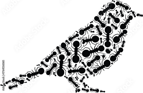 Bird Silhouette Created from Ants Black and White Minimalist Insect Design