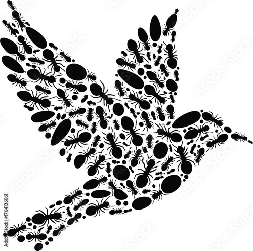 Artistic bird silhouette composed of ants and black oval shapes on a white background