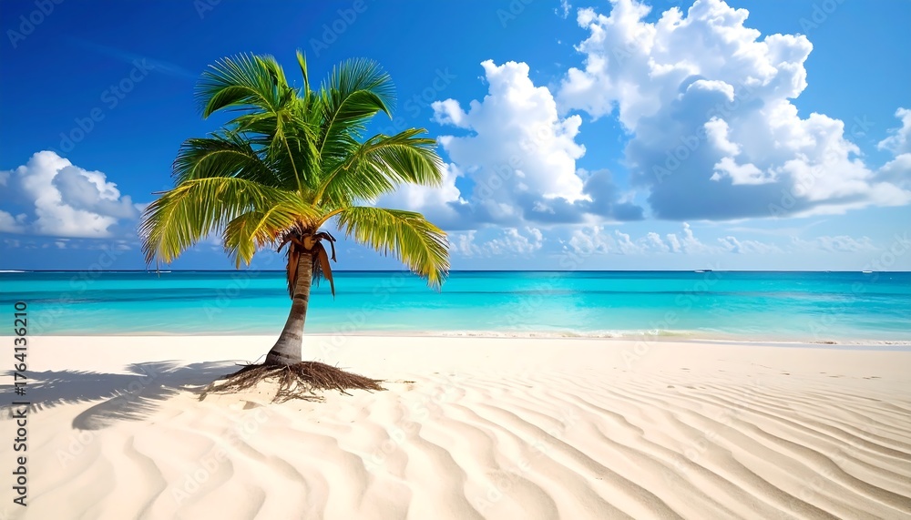 Fototapeta premium Tropical Paradise Beach with Palm Tree and Turquoise Ocean.