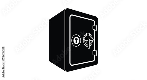 A black and white graphic illustration of a secure metal safe with a keyhole and dial in a simple silhouette style