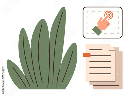 Hand clicking on a digital interface alongside leaves and documents representing connection, sustainability, technology, productivity, eco-innovation, digital learning, and growth in a simple flat