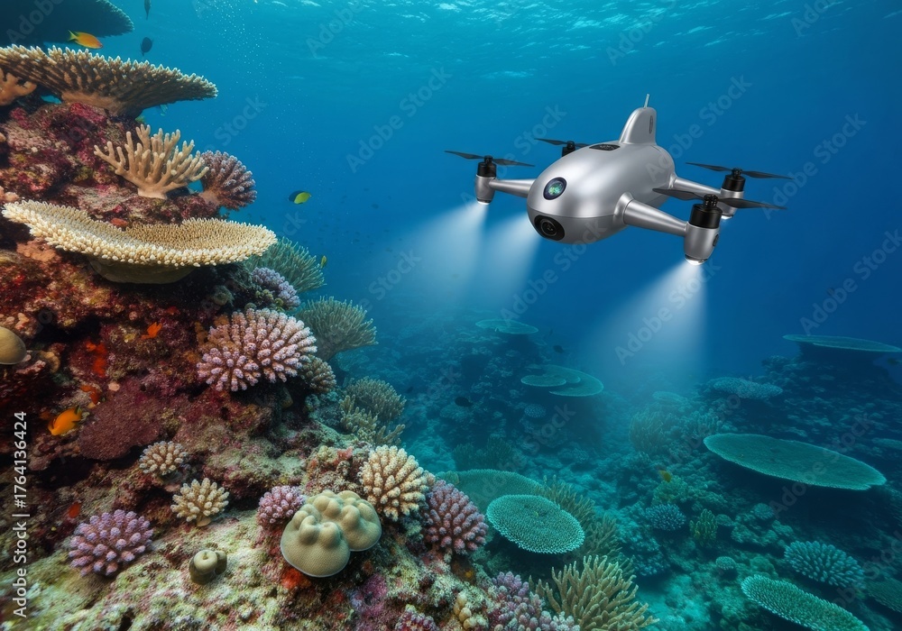 Fototapeta premium Underwater shot of a scuba drone, exploring a colorful tropical coral reef with a school of fish in the blue ocean water