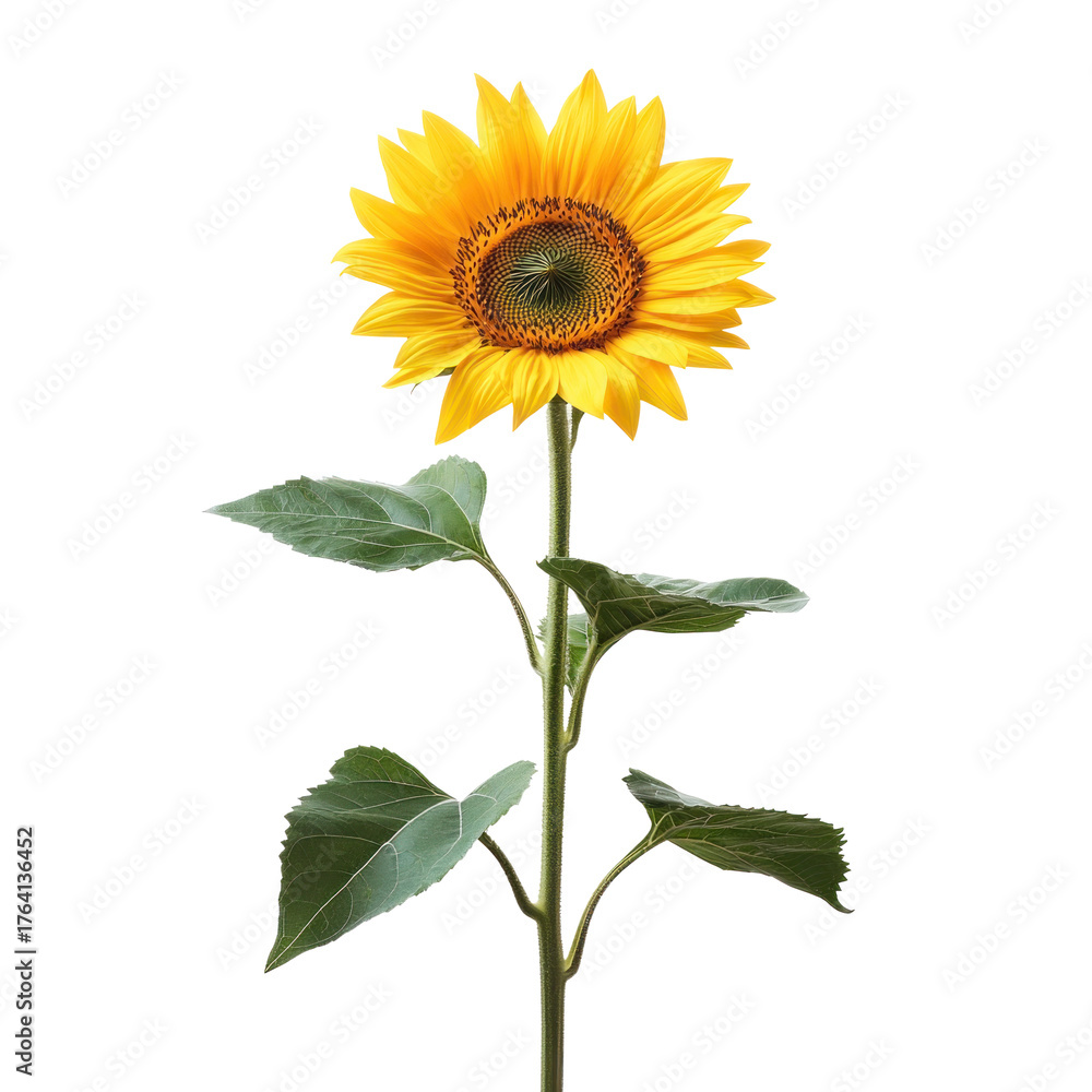 Obraz premium A single sunflower with green leaves against a white background.